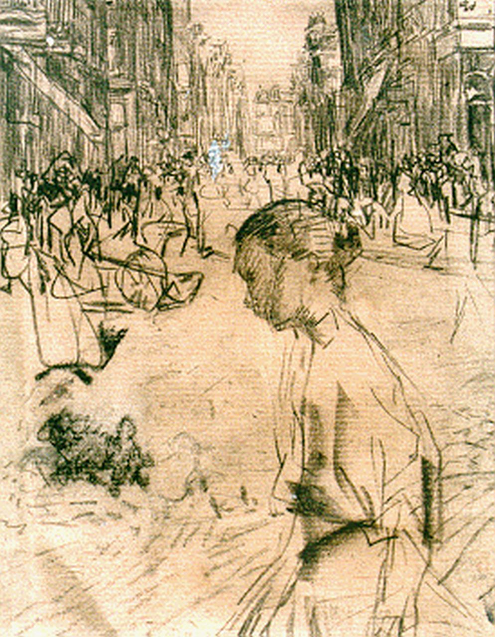 Israels I.L.  | 'Isaac' Lazarus Israels, Waspit in Amsterdams straatbeeld, verso: vrouwenportret, krijt op papier 15,5 x 12,0 cm, gesigneerd mogelijk mon. en te dateren 1893