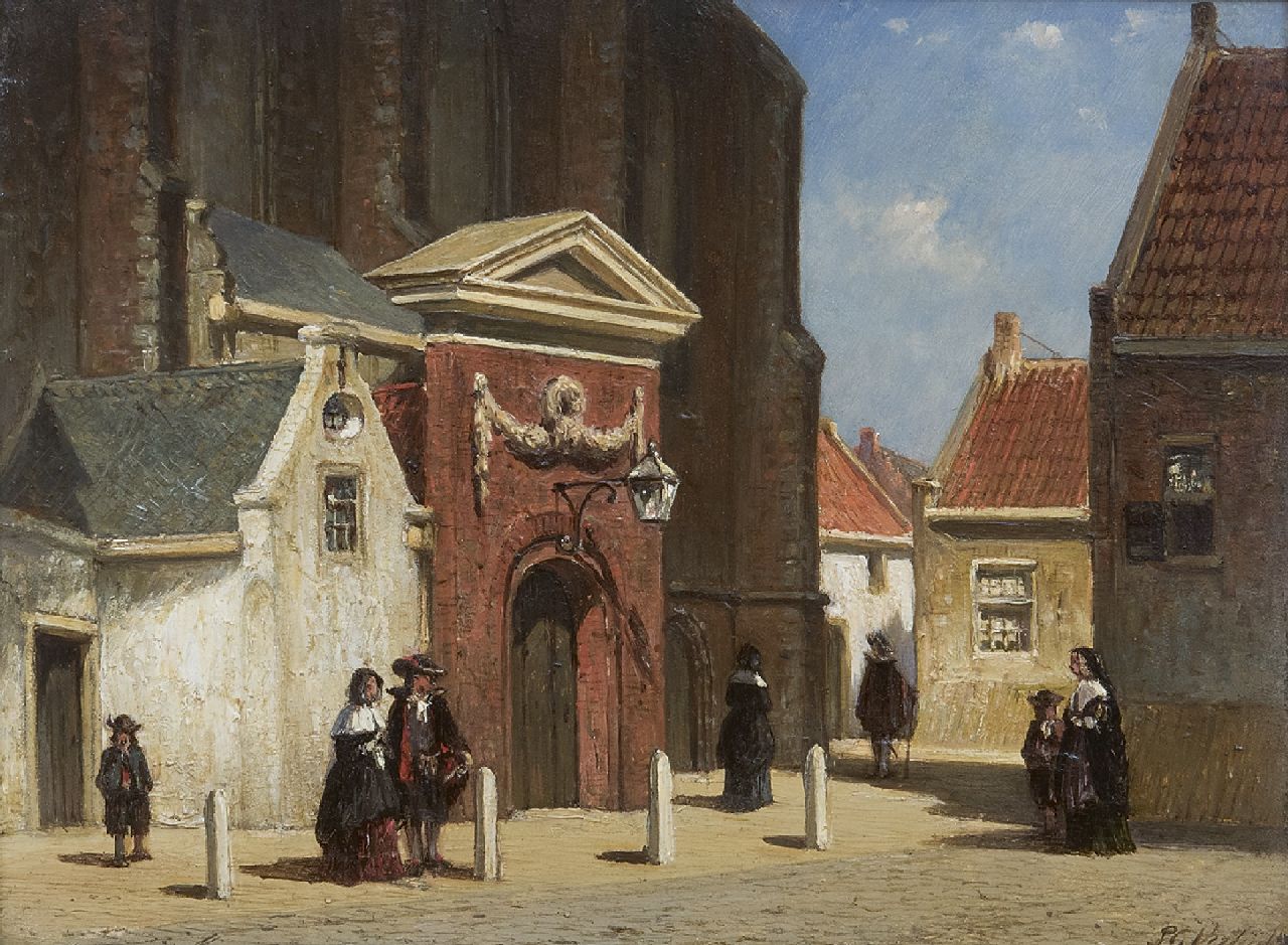 Vertin P.G.  | Petrus Gerardus Vertin | Schilderijen te koop aangeboden | Gezicht op de Waalse kerk Haarlem, olieverf op paneel 19,0 x 25,0 cm, gesigneerd rechtsonder
