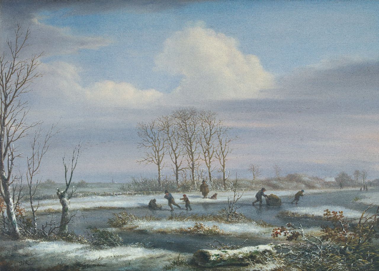 Kouwenhoven J. van | Jacob van Kouwenhoven | Schilderijen te koop aangeboden | Winterlandschap met schaatsers (met zomerpendant), olieverf op paneel 31,0 x 43,6 cm, gesigneerd linksonder met initialen