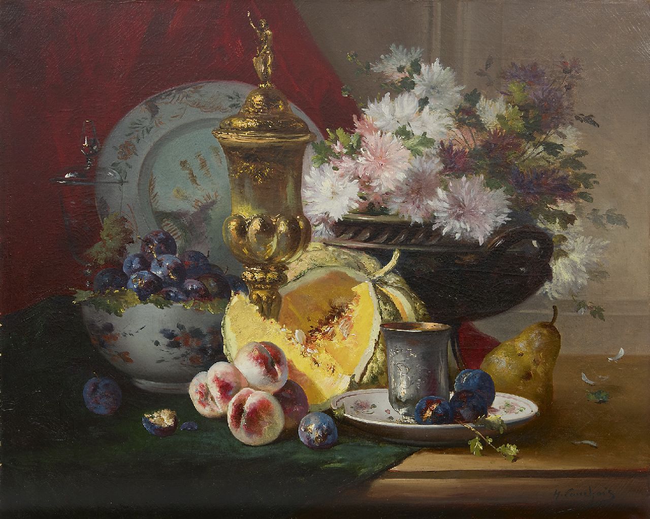 Cauchois E.H.  | Eugène-Henri Cauchois | Schilderijen te koop aangeboden | Stilleven met vaatwerk, bloemen en fruit, olieverf op doek 63,4 x 77,3 cm, gesigneerd rechtsonder