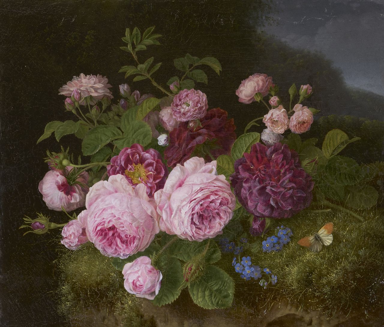 Knip H.G.  | 'Henriëtte' Geertruida Knip | Schilderijen te koop aangeboden | Boeket rozen op de bosgrond, olieverf op doek 36,3 x 42,7 cm