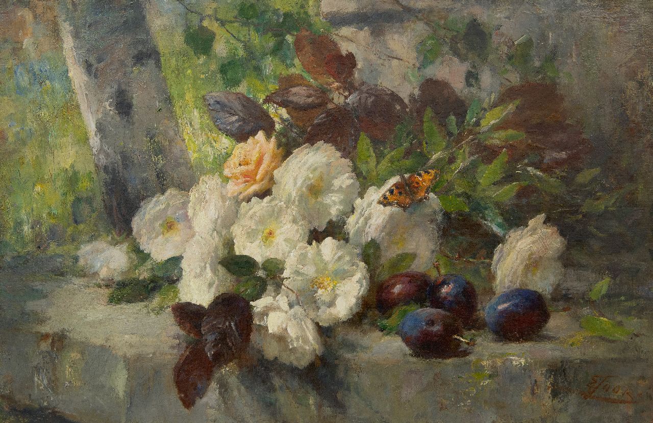 Joors E.  | Eugeen Joors | Schilderijen te koop aangeboden | Stilleven met rozen, fruit en een vlinder, olieverf op doek 48,5 x 73,8 cm, gesigneerd rechtsonder