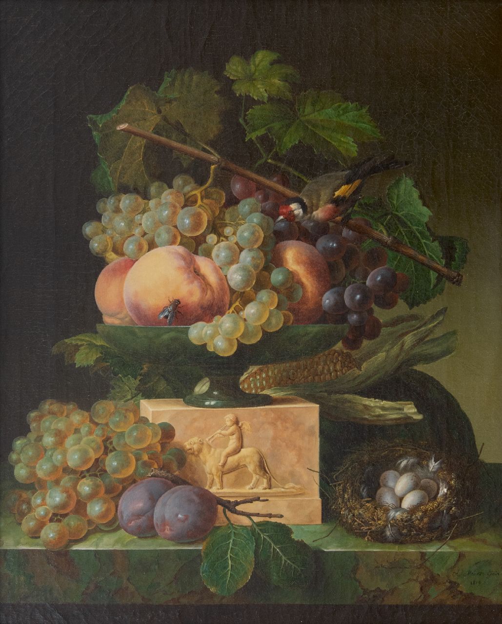 Génin O.M.  | Olympe Mouette Génin | Schilderijen te koop aangeboden | Stilleven met druiven, een vogelnestje en een puttertje, olieverf op doek 49,2 x 39,8 cm, gesigneerd rechtsonder en gedateerd 1819