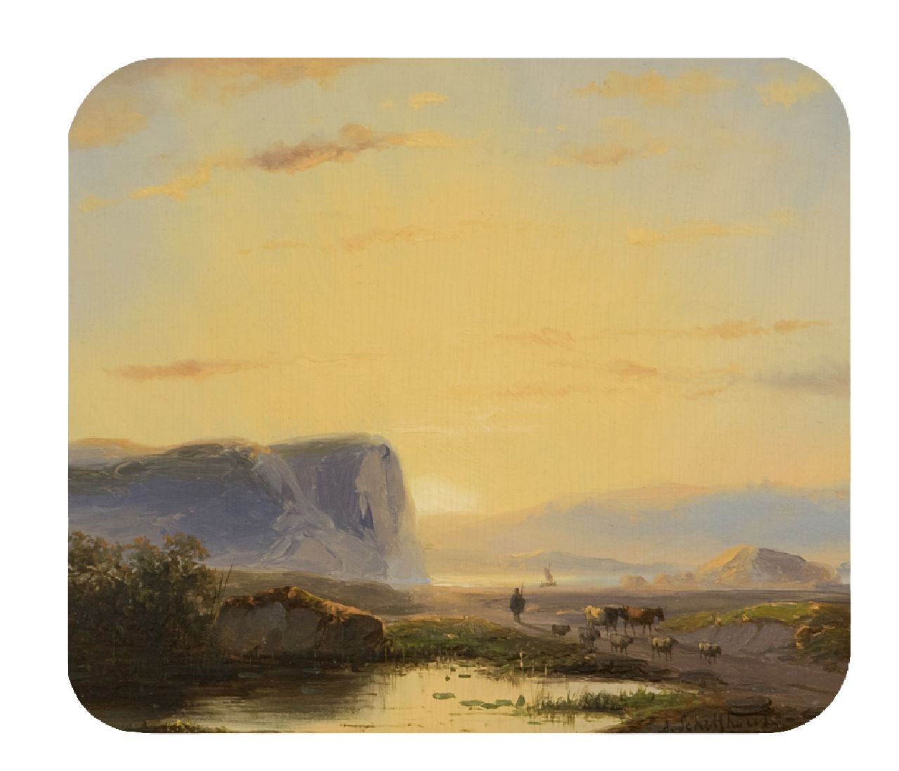 Schelfhout A.  | Andreas Schelfhout, Avondstemming, olieverf op paneel 17,0 x 19,8 cm, gesigneerd rechtsonder en gedateerd '38