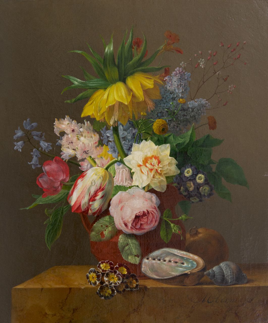 Oberman A.  | Anthony Oberman | Schilderijen te koop aangeboden | Stilleven met bloemen, granaatappel en schelpen op een marmeren plint, olieverf op doek 47,0 x 39,5 cm, gesigneerd rechtsonder