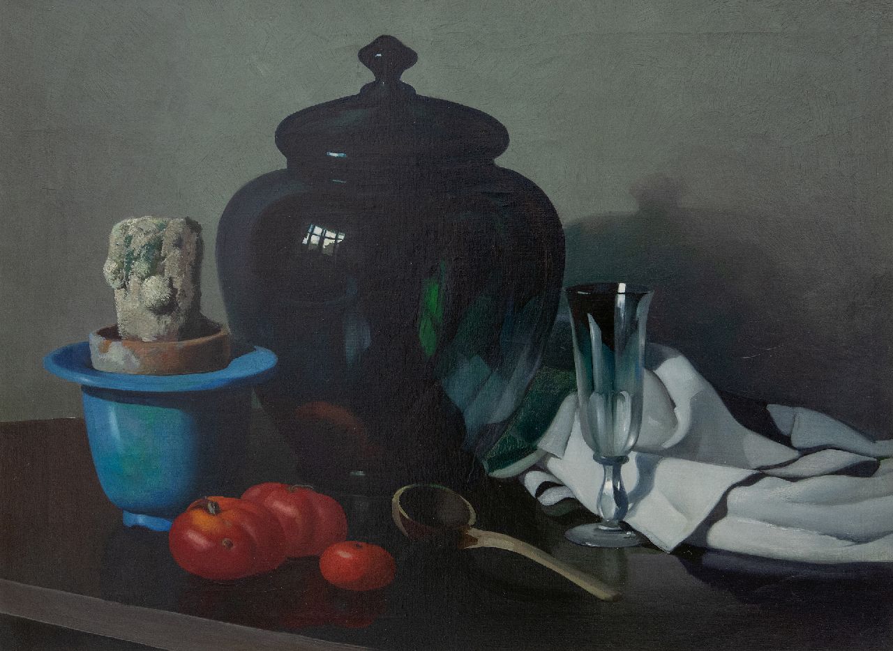 Hoff A.J. van 't | Adrianus Johannes 'Adriaan' van 't Hoff | Schilderijen te koop aangeboden | Stilleven met cactus in een pot, glazen bowl en tomaten, olieverf op doek 56,7 x 75,8 cm