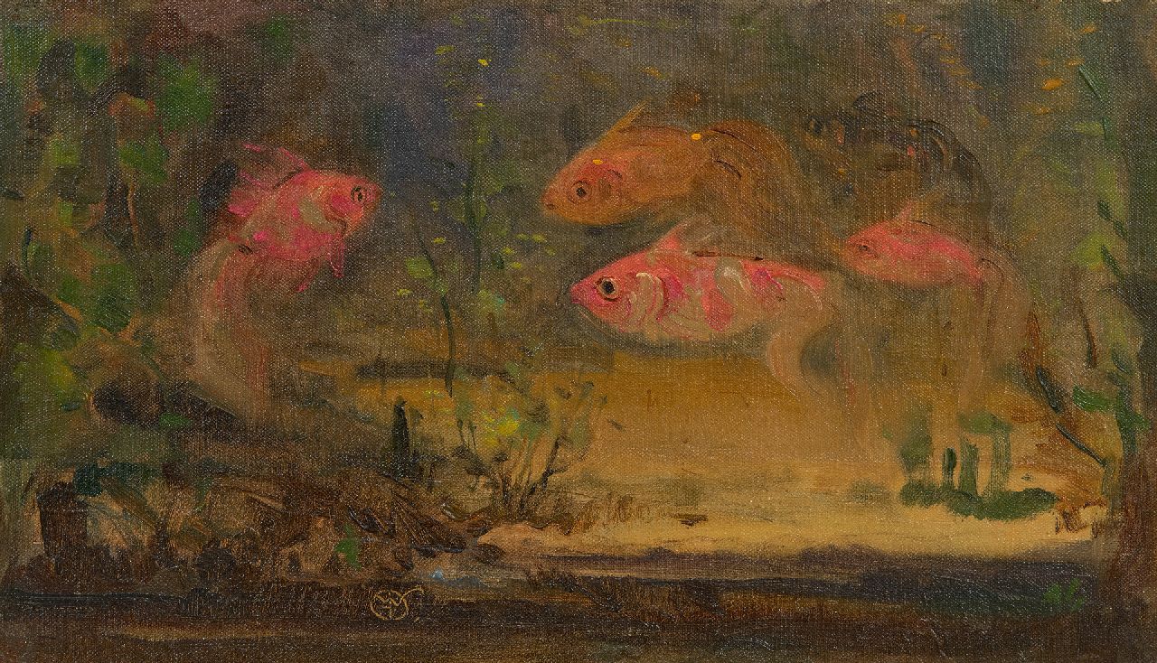 Dijsselhof G.W.  | Gerrit Willem Dijsselhof | Schilderijen te koop aangeboden | Sluierstaartvissen, olieverf op doek op board 19,1 x 31,6 cm, gesigneerd linksonder met monogram