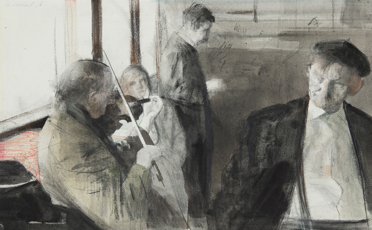 Jan Andreas Goedhart | Interieur met violist, houtskool en krijt op papier, 63,0 x 83,0 cm, gesigneerd l.b. en gedateerd '76