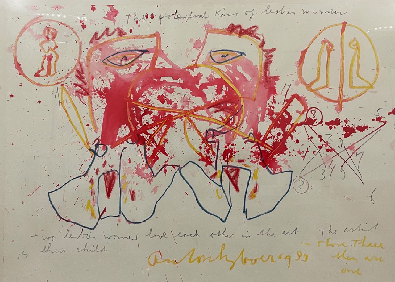 Heyboer A.  | Anton Heyboer | Aquarellen en tekeningen te koop aangeboden | The potential kiss of lesbian women, potlood, krijt en aquarel op papier 78,4 x 107,5 cm, gesigneerd middenonder en gedateerd 1989, zonder lijst