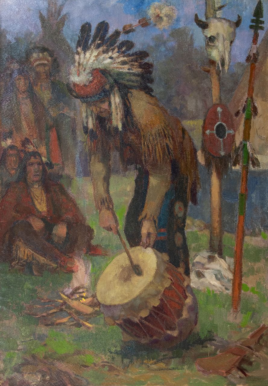 Amerikaanse School, 20e eeuw   | Amerikaanse School, 20e eeuw | Schilderijen te koop aangeboden | Trommelende medicijnman van inheemse indianenstam, olieverf op doek 128,0 x 89,8 cm