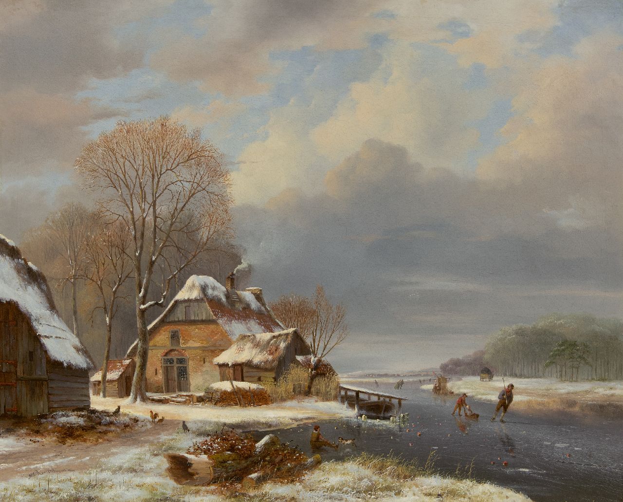 Roosenboom N.J.  | Nicolaas Johannes Roosenboom | Schilderijen te koop aangeboden | Winters riviergezicht met schaatsers bij een boerderij, olieverf op doek 71,2 x 87,7 cm, gesigneerd linksonder