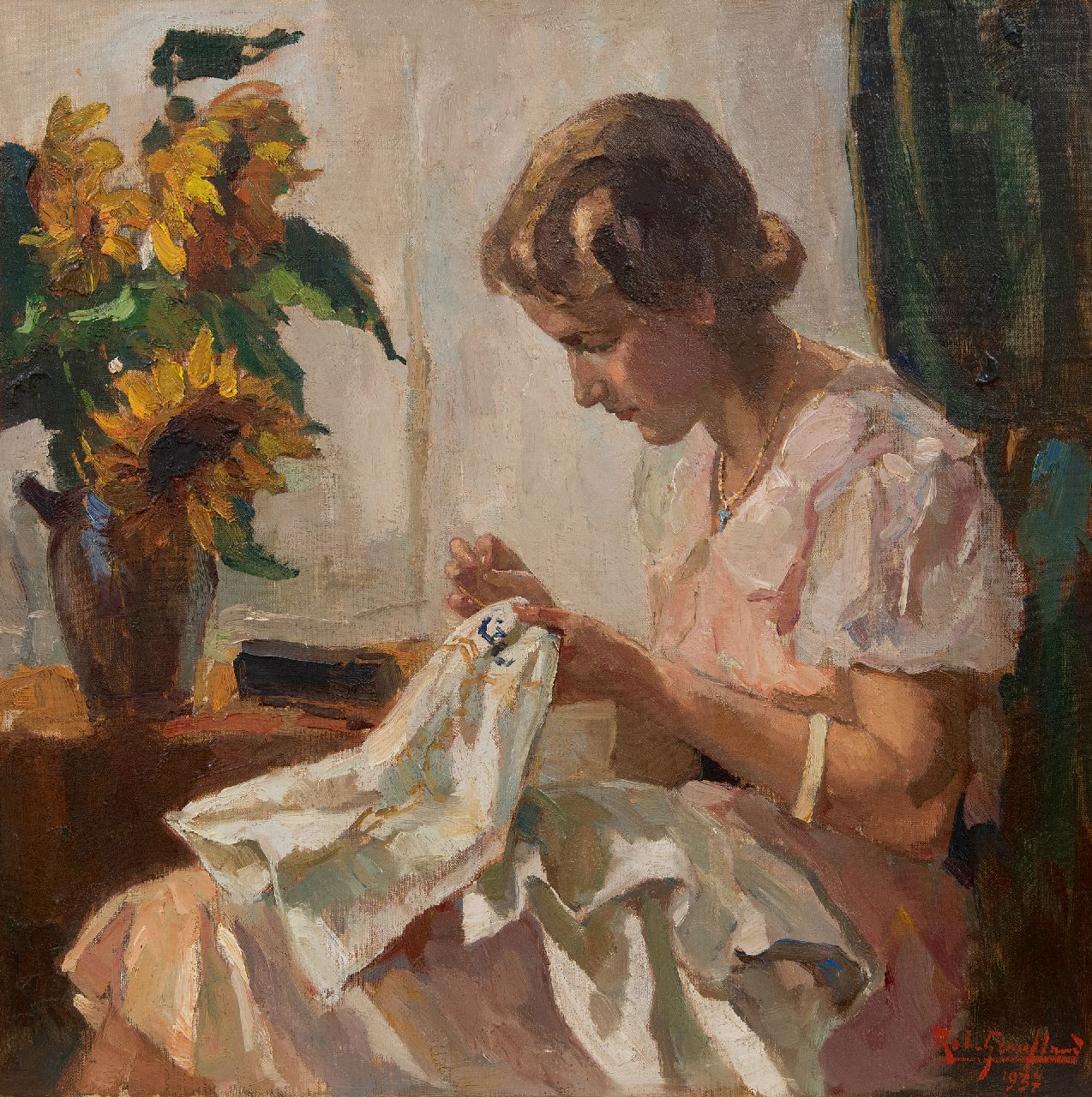 Rob Graafland | Vrouw handwerkend bij een raam, olieverf op doek, 60,5 x 60,4 cm, gesigneerd r.o. en gedateerd 1937, zonder lijst