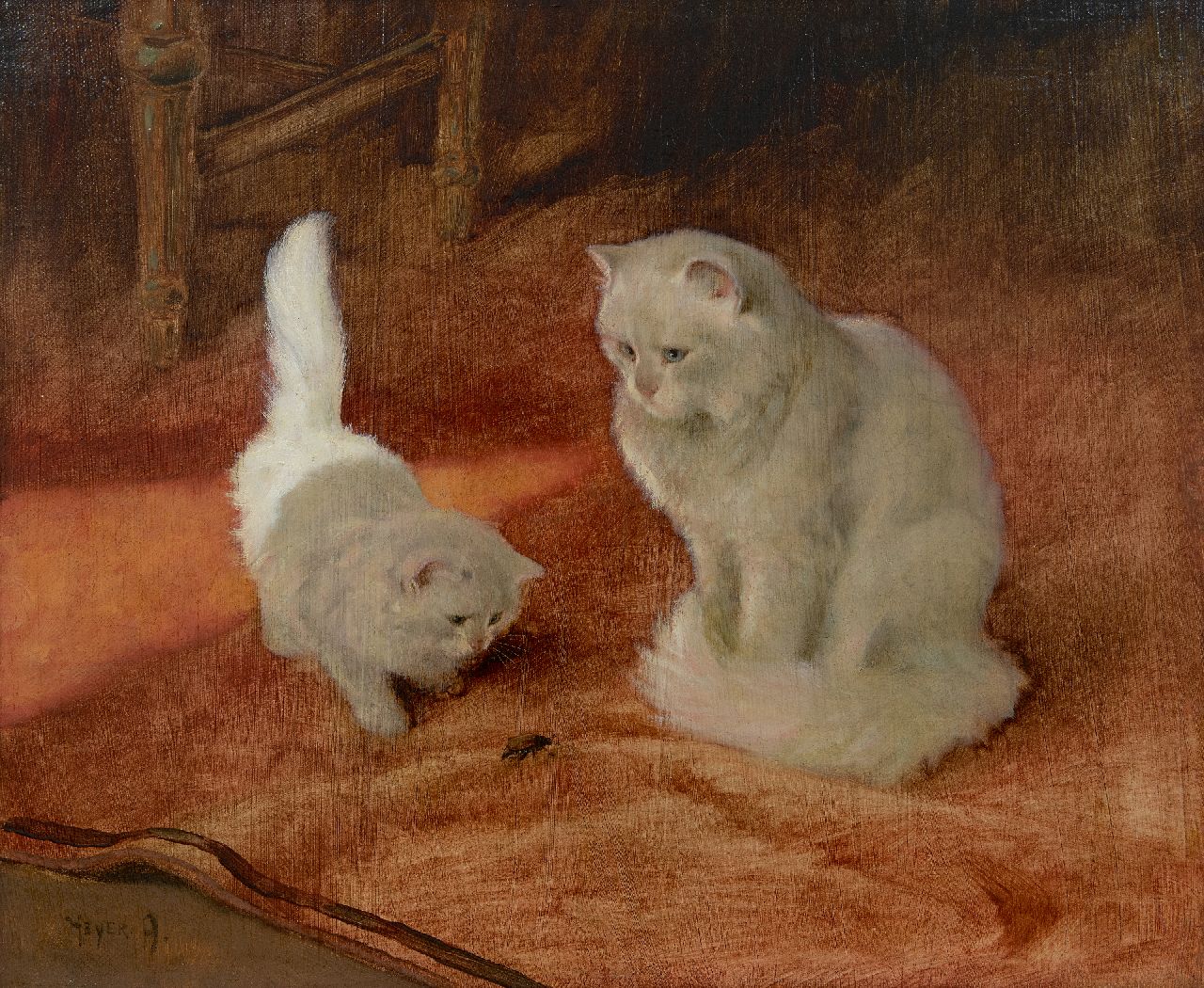 Heyer A.  | Arthur Heyer | Schilderijen te koop aangeboden | Angora kat en kitten met een kevertje, olieverf op doek op board 56,2 x 68,0 cm, gesigneerd linksonder