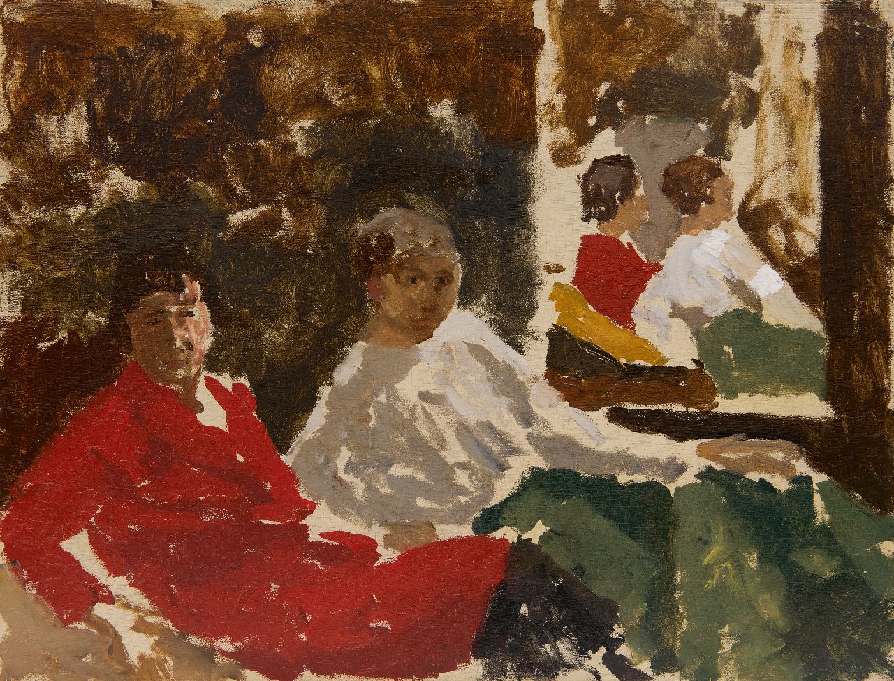 Breitner G.H.  | George Hendrik Breitner, Twee vrouwen zittend voor een spiegel, olieverf op paneel 31,5 x 41,2 cm, gesigneerd linksboven