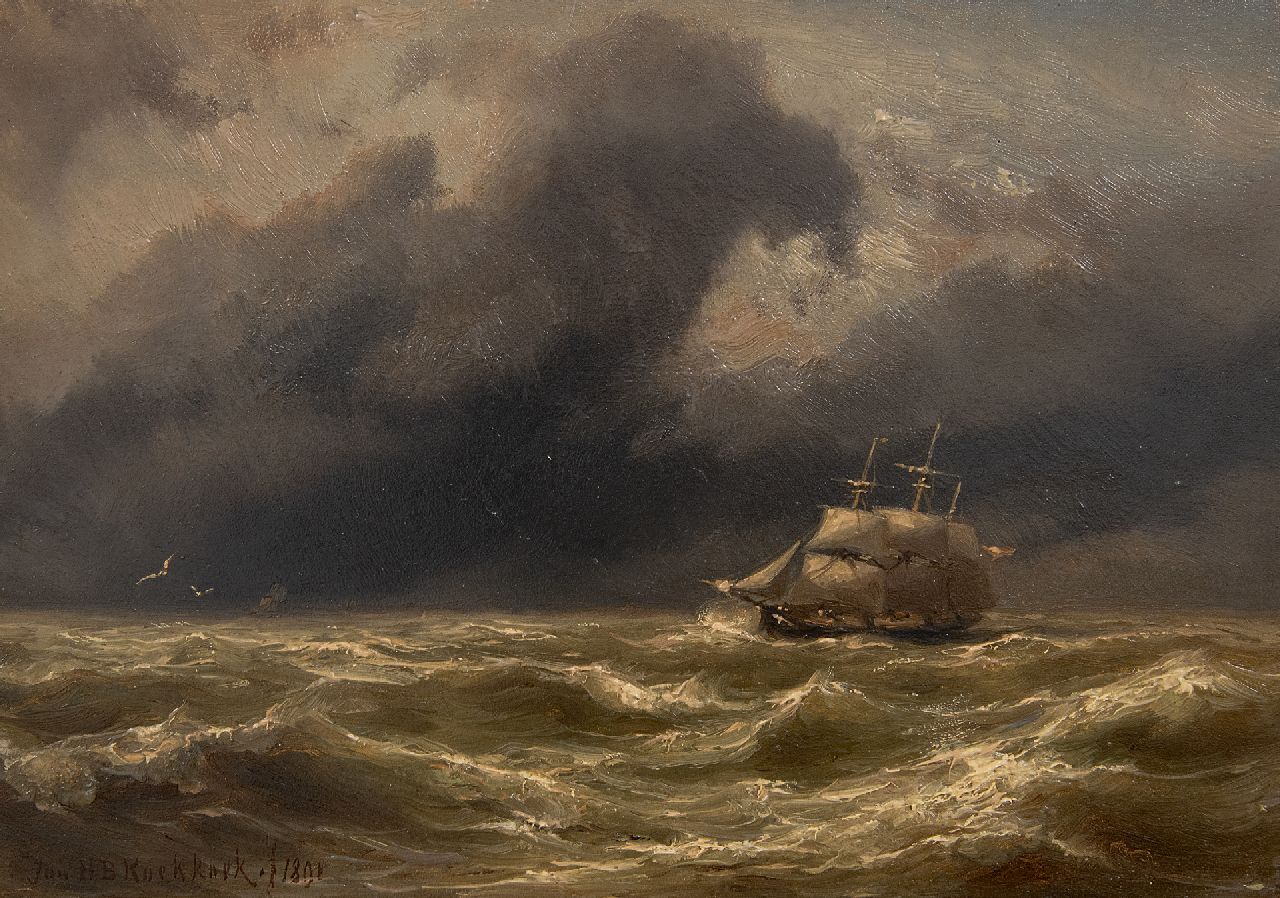Koekkoek J.H.B.  | Johannes Hermanus Barend 'Jan H.B.' Koekkoek, Driemaster op zee in een storm, olieverf op paneel 17,0 x 23,8 cm, gesigneerd linksonder en gedateerd 1891