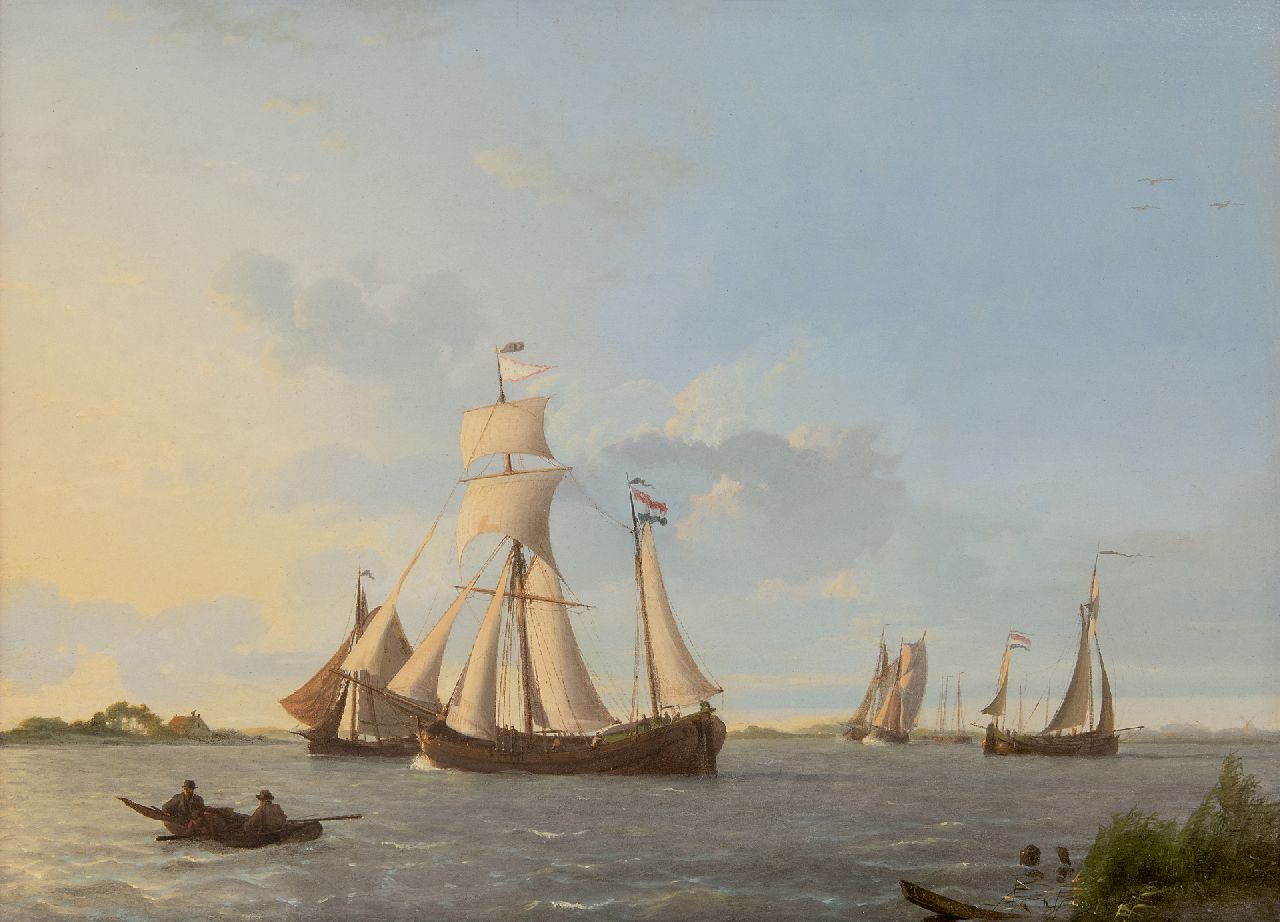Koekkoek J.  | Johannes Koekkoek | Schilderijen te koop aangeboden | Laverende zeilschepen op Hollands binnenwater, olieverf op paneel 32,3 x 44,8 cm, gesigneerd rechtsonder en gedateerd 1829