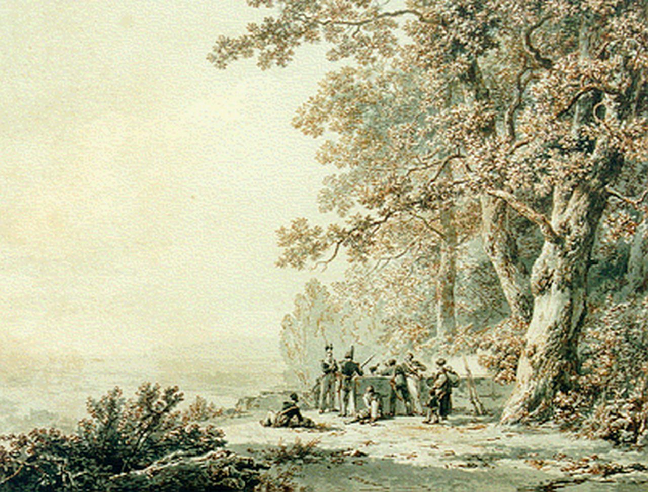 Koekkoek B.C.  | Barend Cornelis Koekkoek, Panoramisch landschap met militairen, sepia op papier 25,2 x 32,7 cm, gesigneerd rechtsonder en gedateerd 1830