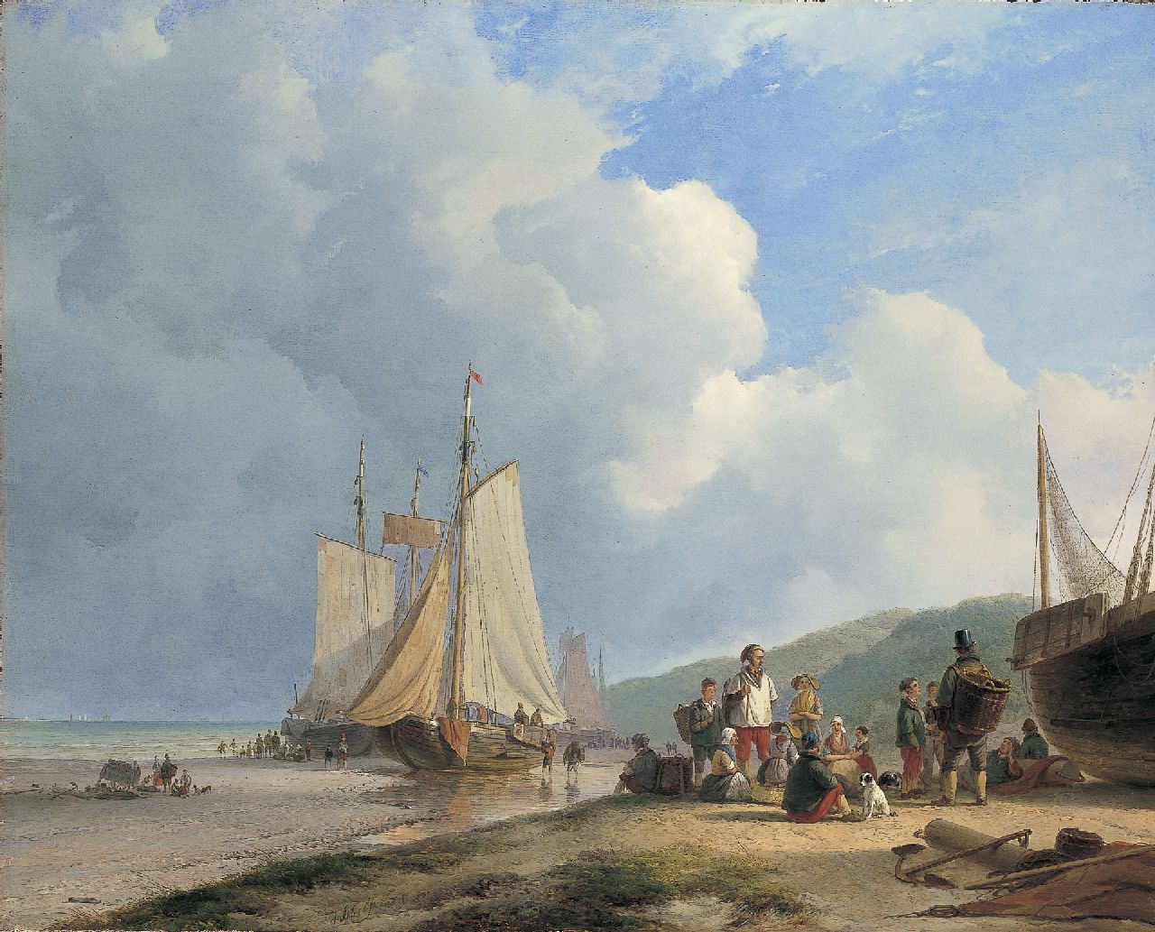 Schelfhout A.  | Andreas Schelfhout, Vissersfamilie op het strand met bomschuiten, olieverf op doek 67,6 x 84,3 cm, gesigneerd linksonderv.h.m. en gedateerd 1831