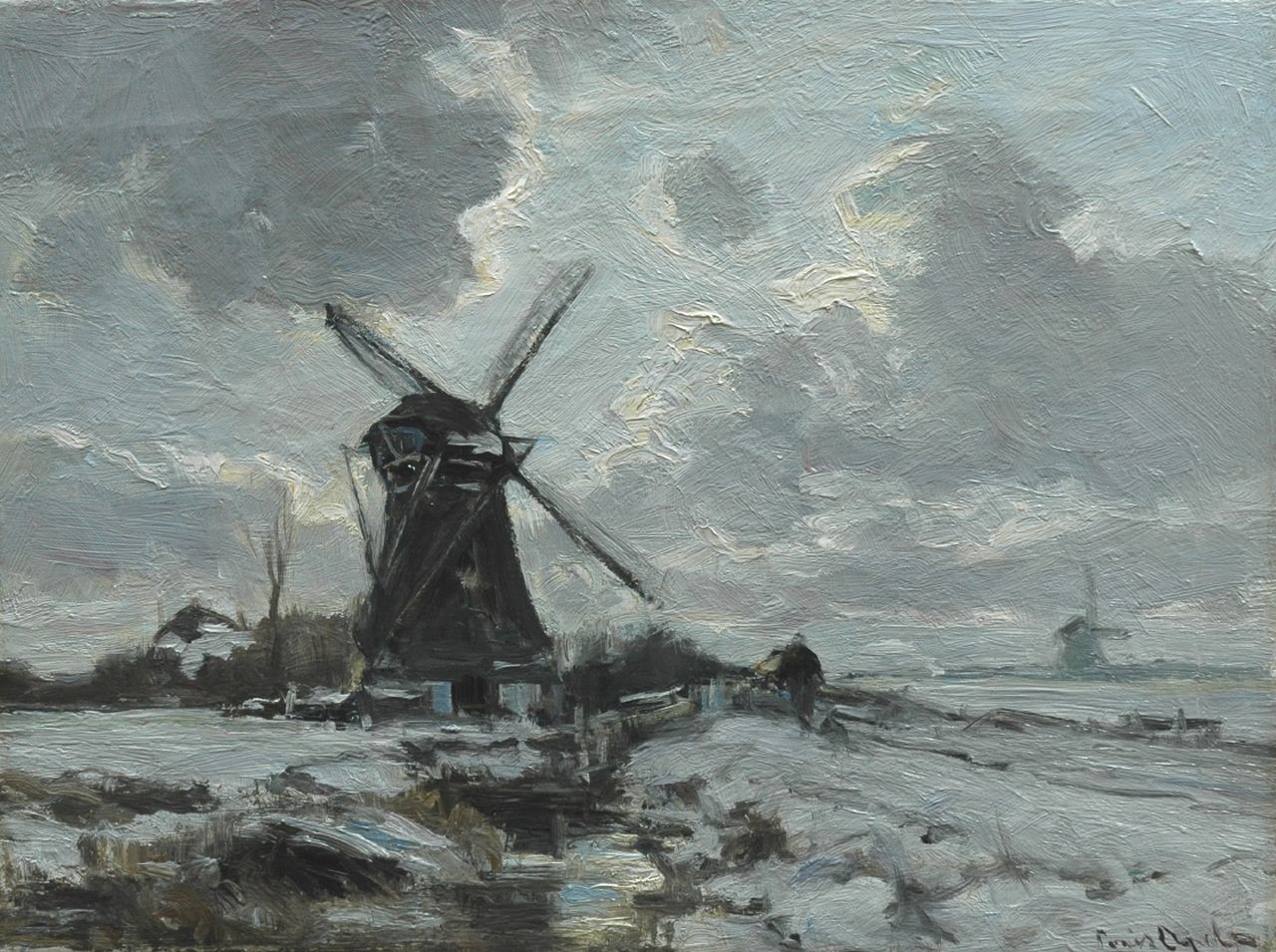 Apol L.F.H.  | Lodewijk Franciscus Hendrik 'Louis' Apol, Molen in een besneeuwd landschap, olieverf op doek 30,5 x 40,6 cm, gesigneerd rechtsonder