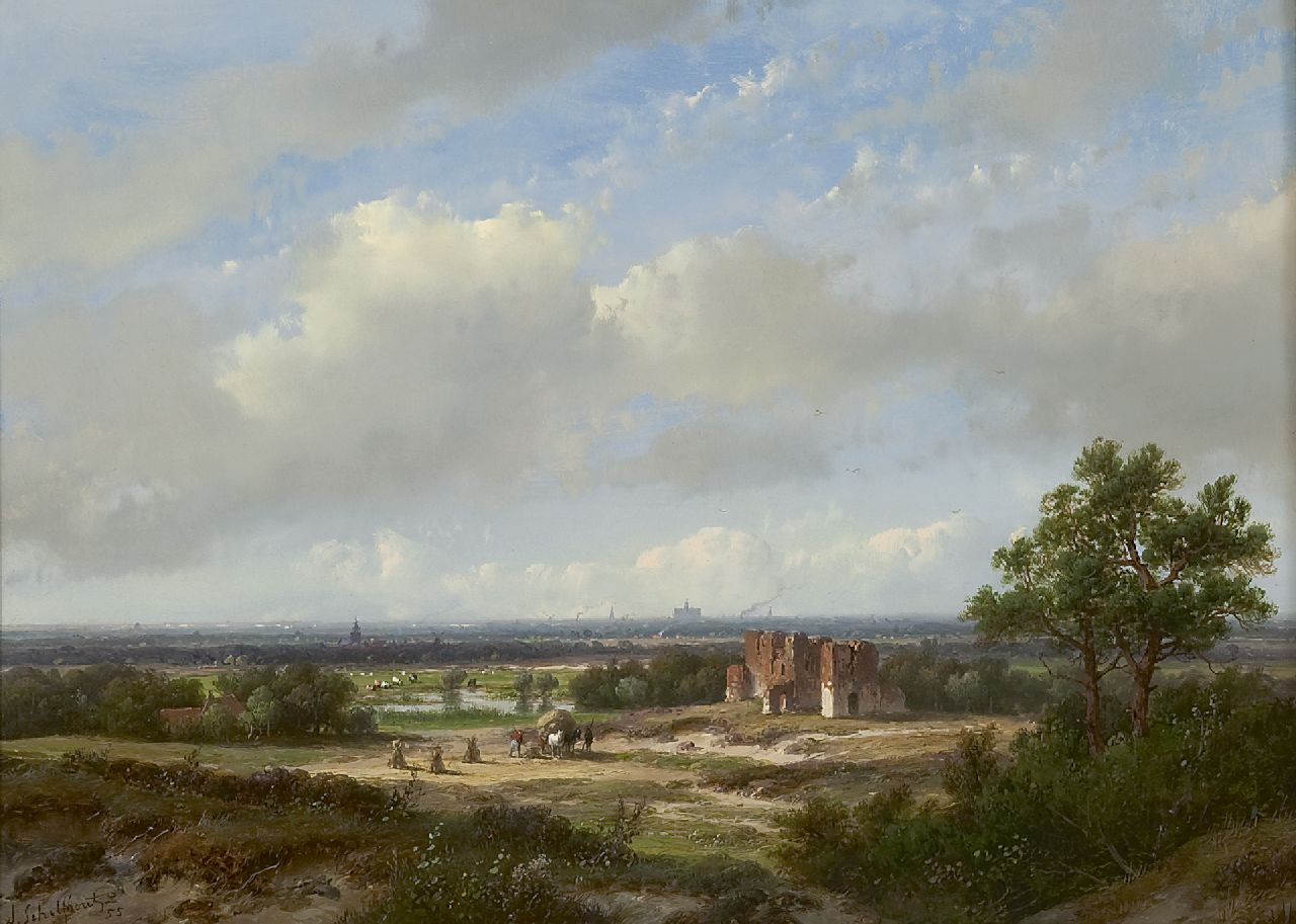 Schelfhout A.  | Andreas Schelfhout, Panoramisch landschap met het stadssilhouet van Haarlem en de ruïne van Brederode, olieverf op paneel 28,4 x 39,1 cm, gesigneerd linksonder en gedateerd '55