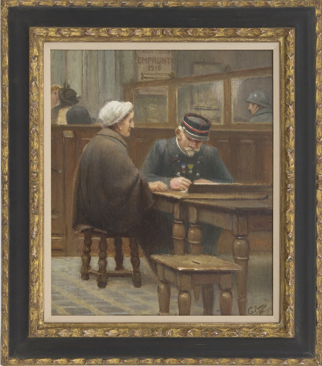 Duran G.  | Duran | Schilderijen te koop aangeboden | Bij de bank van lening, olieverf op paneel 43,1 x 36,1 cm, gesigneerd rechtsonder en gedateerd 1910