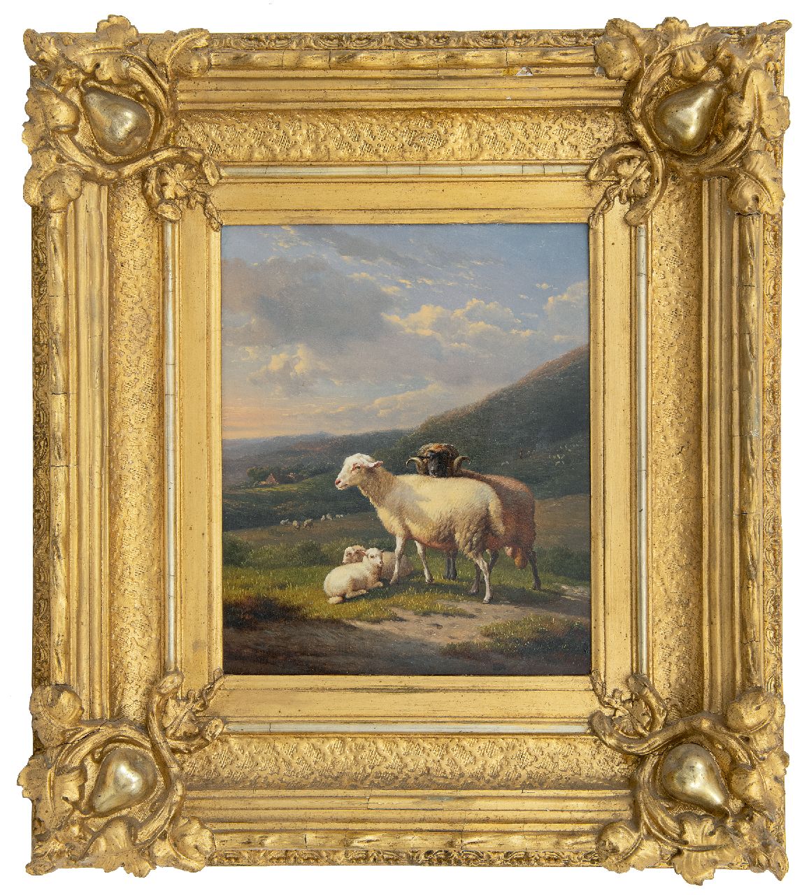 Severdonck F. van | Frans van Severdonck | Schilderijen te koop aangeboden | Ram met schaap en lammeren in heuvellandschap, olieverf op paneel 30,8 x 25,8 cm