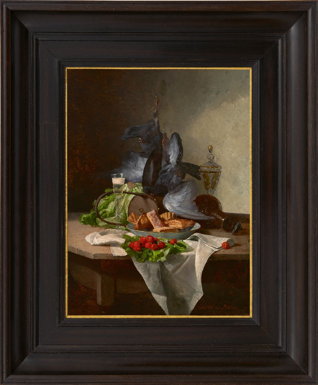 Noter D.E.J. de | 'David' Emile Joseph de Noter | Schilderijen te koop aangeboden | Stilleven met groente, pastei en wild, olieverf op paneel 30,4 x 22,8 cm, gesigneerd rechtsonder