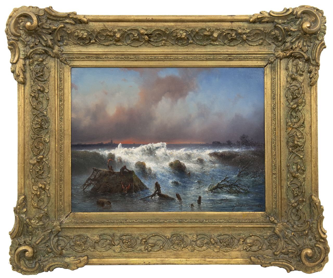 Hilverdink J.  | Johannes Hilverdink | Schilderijen te koop aangeboden | De dijkdoorbraak in de Grebbedijk op 5 maart 1855, olieverf op paneel 37,1 x 50,1 cm, gesigneerd rechtsonder en gedateerd 1855