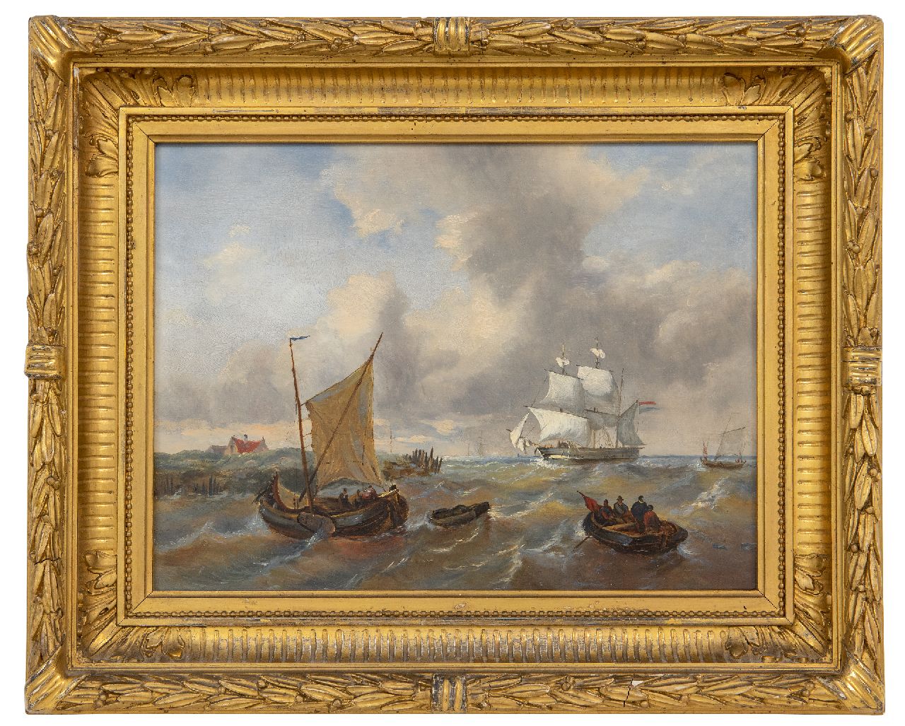 Opdenhoff (toegeschreven aan) G.W.  | Witzel 'George Willem' Opdenhoff (toegeschreven aan) | Schilderijen te koop aangeboden | Schepen voor de kust in stevige bries, olieverf op paneel 23,7 x 32,0 cm