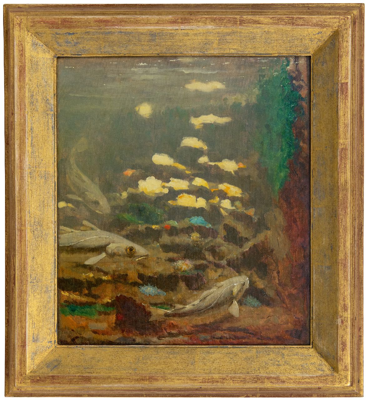 Dijsselhof G.W.  | Gerrit Willem Dijsselhof | Schilderijen te koop aangeboden | Kabeljauwen en anemonen, olieverf op doek 40,3 x 35,0 cm, gesigneerd linksonder monogram