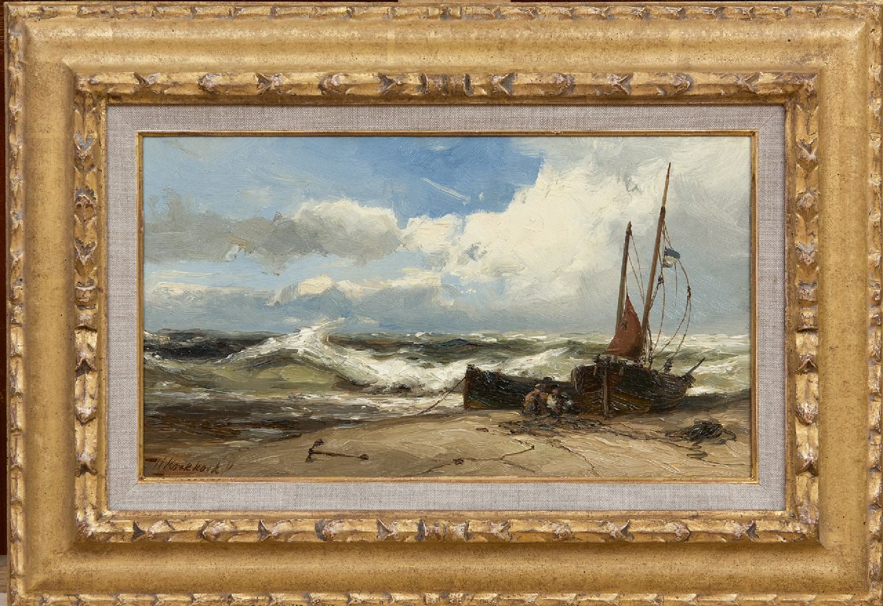 Koekkoek jr. H.  | Hermanus Koekkoek jr. | Schilderijen te koop aangeboden | Netten repareren bij stormachtig weer, olieverf op paneel 18,8 x 33,0 cm, gesigneerd linksonder