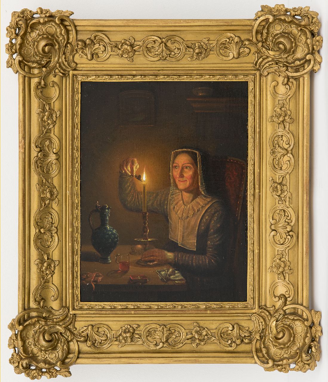 Thans W.  | Willem Thans | Schilderijen te koop aangeboden | Vrouw met kaars, olieverf op paneel 29,7 x 22,4 cm, gesigneerd middenonder op de tafelrand en gedateerd 1850