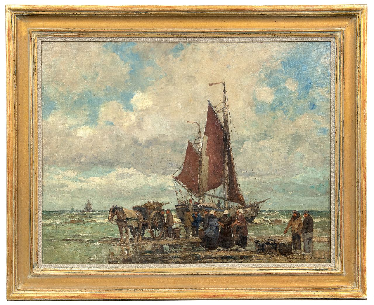 Hambüchen W.  | Wilhelm Hambüchen | Schilderijen te koop aangeboden | Bomschuit en vissers op het strand van Katwijk, olieverf op doek 60,2 x 80,4 cm, gesigneerd rechtsonder en zonder lijst