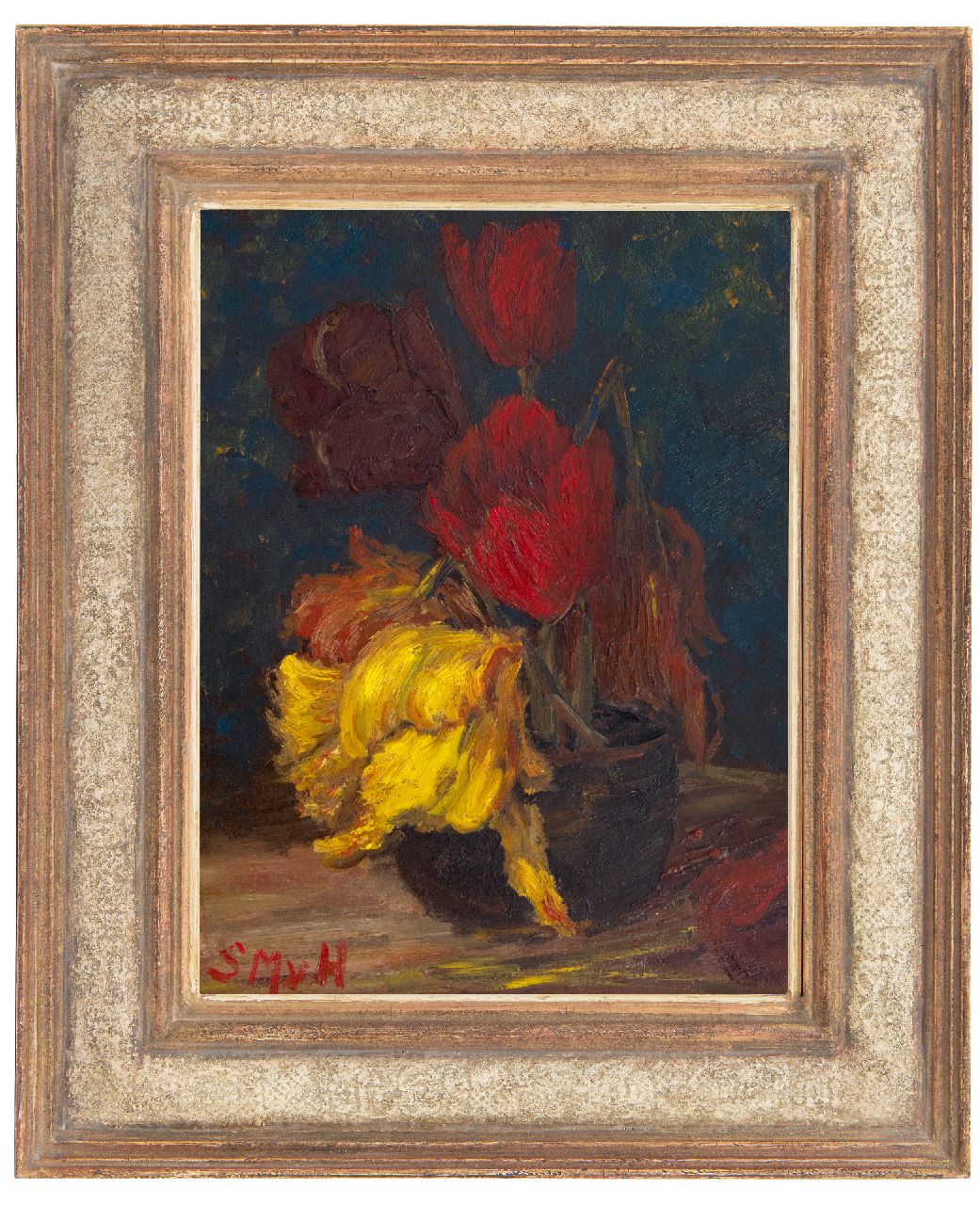 Mesdag-van Houten S.  | Sina 'Sientje' Mesdag-van Houten, Tulpen in een pot, olieverf op paneel 36,1 x 27,3 cm, gesigneerd linksonder met initialen