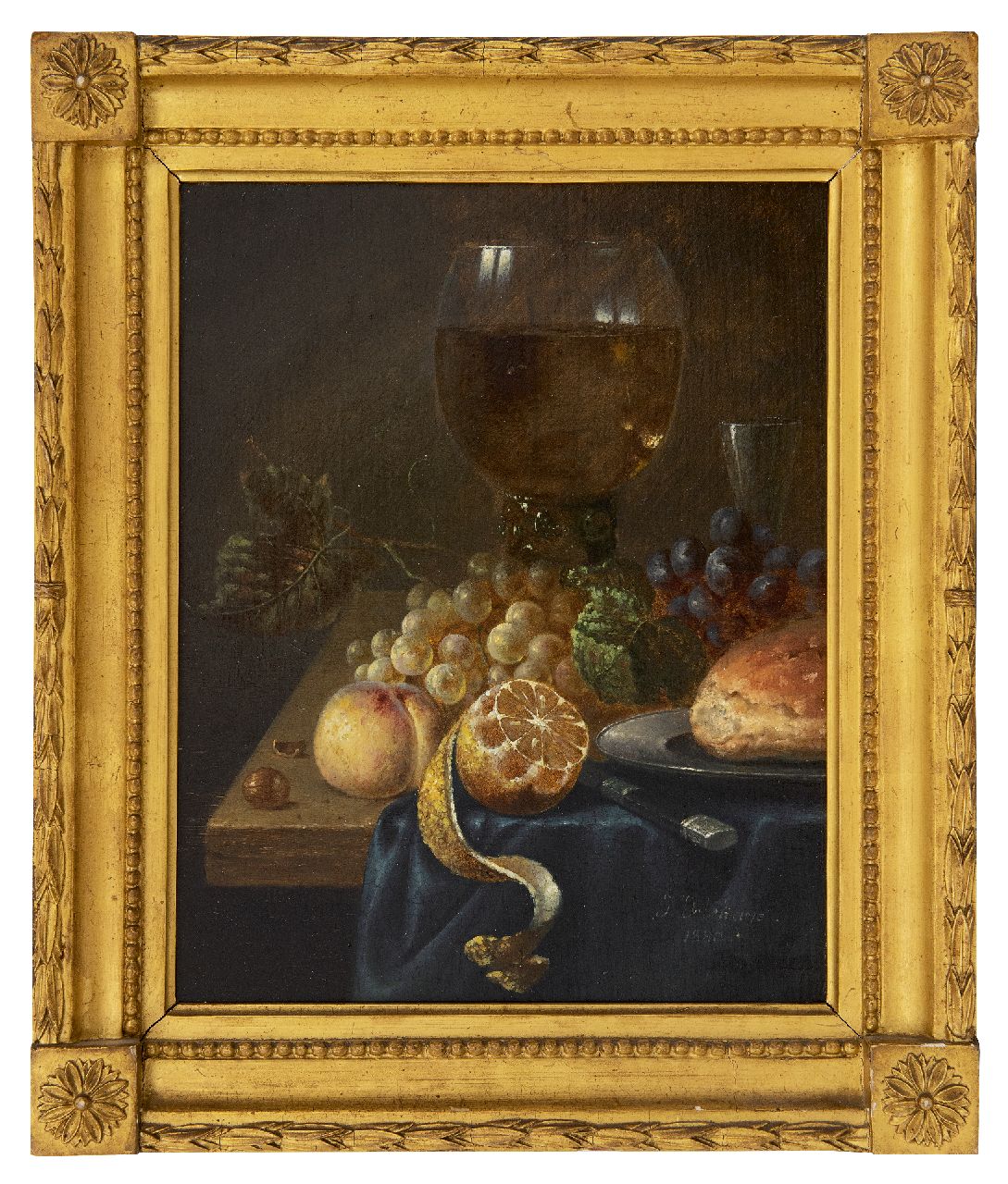 Delehaye J.  | Jos Delehaye | Schilderijen te koop aangeboden | Stilleven met roemer, druiven, citroen en tinnen schotel, olieverf op doek 26,9 x 21,2 cm, gesigneerd rechtsonder en gedateerd 1880