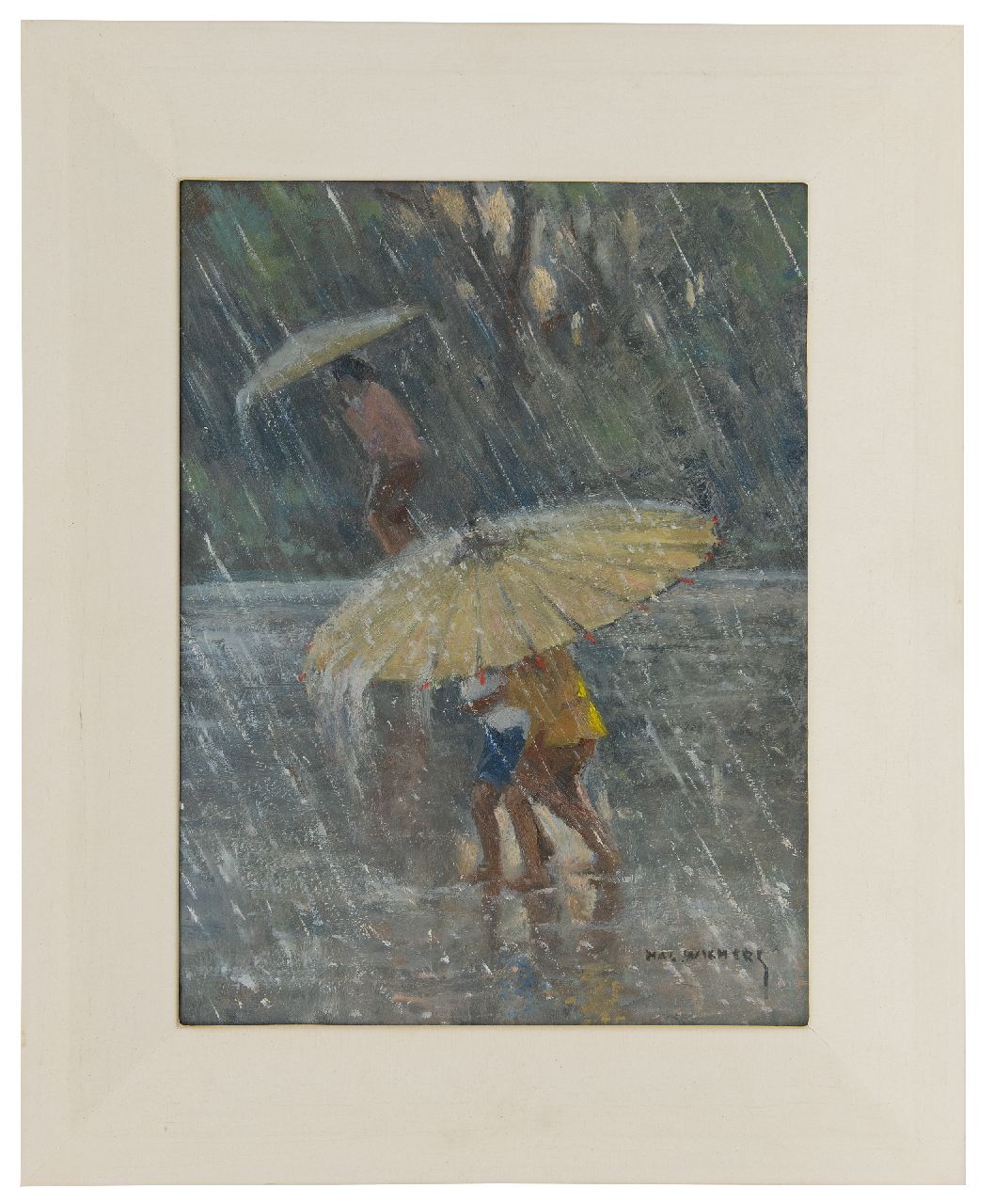 Wichers H.A.L.  | Hendrik Arend Ludolf 'Hal' Wichers, De tropische regenbui, olieverf op board 40,0 x 30,1 cm, gesigneerd rechtsonder