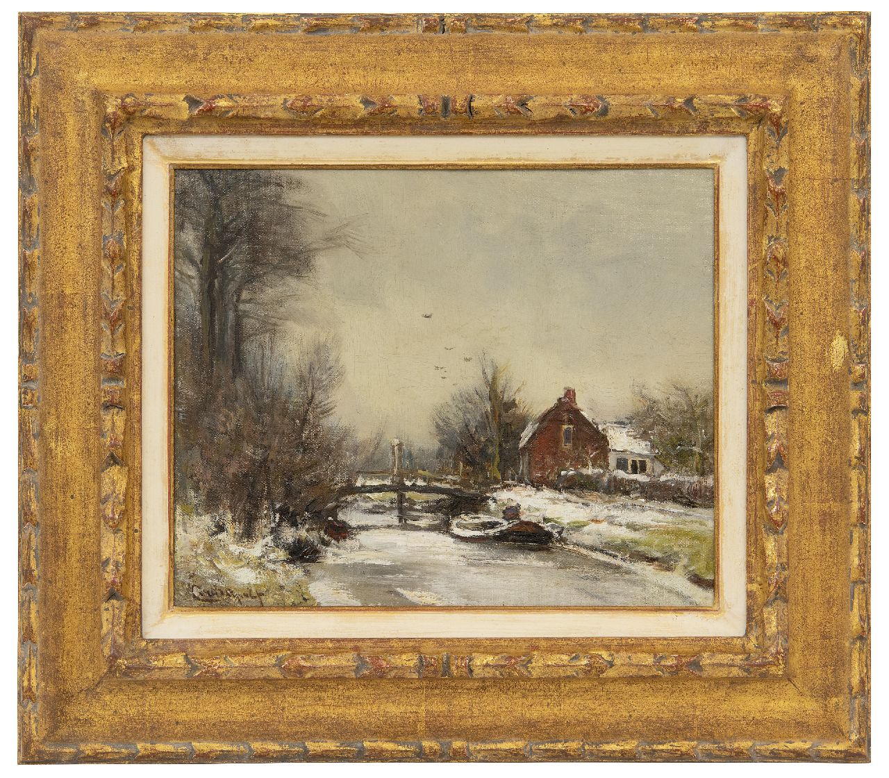 Apol L.F.H.  | Lodewijk Franciscus Hendrik 'Louis' Apol, Huis aan een vaartje in de sneeuw, olieverf op board 25,1 x 30,5 cm, gesigneerd linksonder