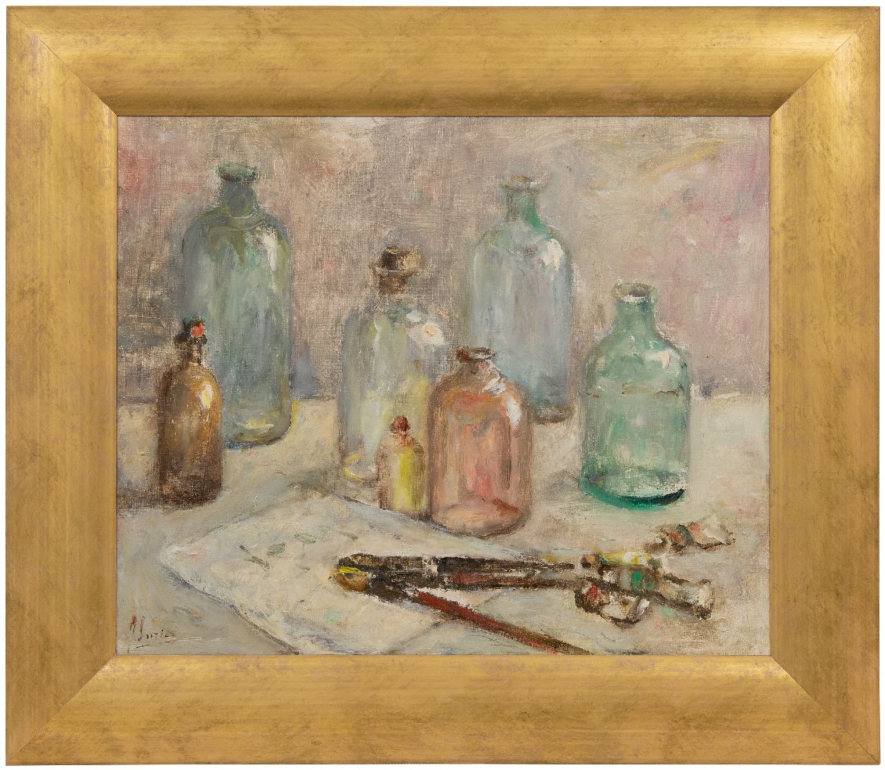 Surie J.  | Jacoba 'Coba' Surie | Schilderijen te koop aangeboden | Stilleven met flessen en schildersattributen, olieverf op doek 50,3 x 60,0 cm, gesigneerd linksonder