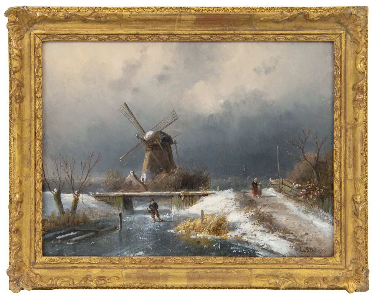 Leickert C.H.J.  | 'Charles' Henri Joseph Leickert, Schaatser op een bevroren vaartje bij een molen, olieverf op paneel 19,2 x 26,0 cm, gesigneerd rechtsonder