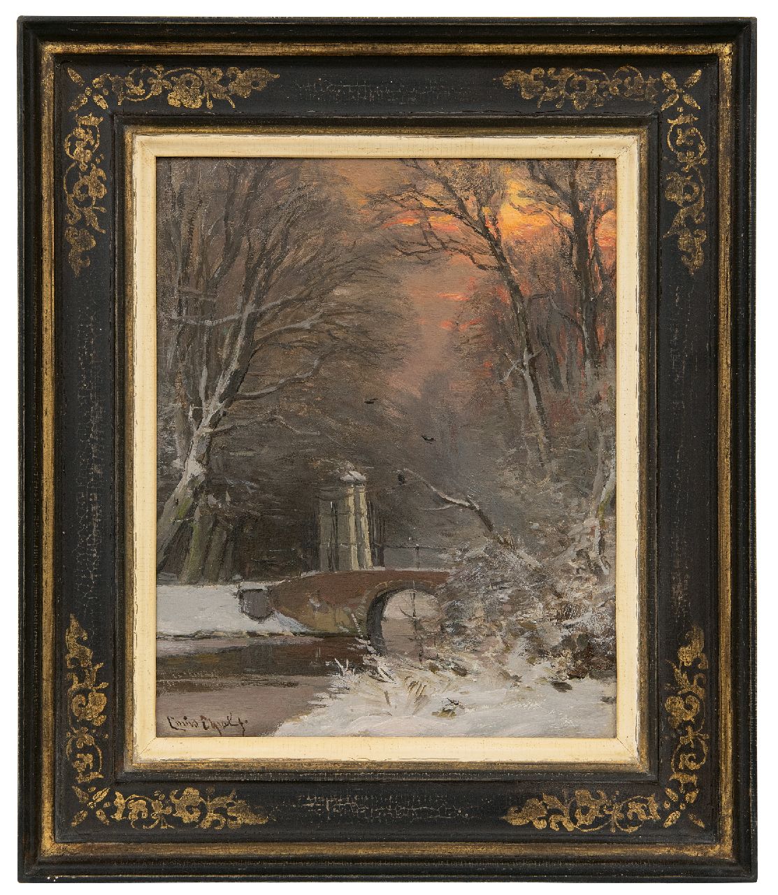 Apol L.F.H.  | Lodewijk Franciscus Hendrik 'Louis' Apol, Doorkijkje in besneeuwd bos bij schemering, olieverf op paneel 27,4 x 21,9 cm, gesigneerd linksonder