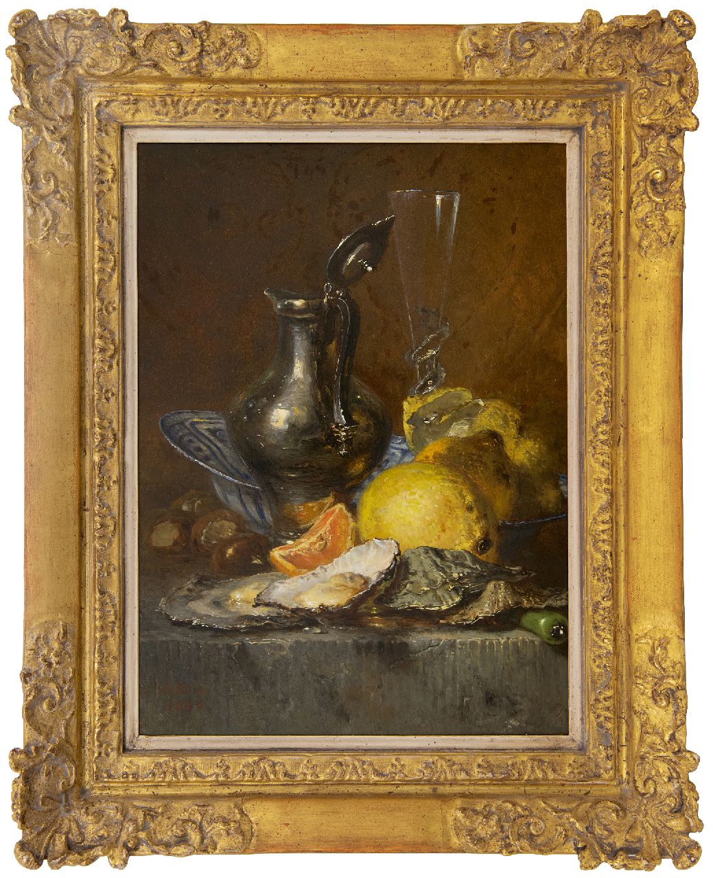 Vos M.  | Maria Vos, Stilleven met oesters, citroenen en zilveren kan, olieverf op paneel 38,6 x 27,6 cm, gesigneerd linksonder en gedateerd 1880