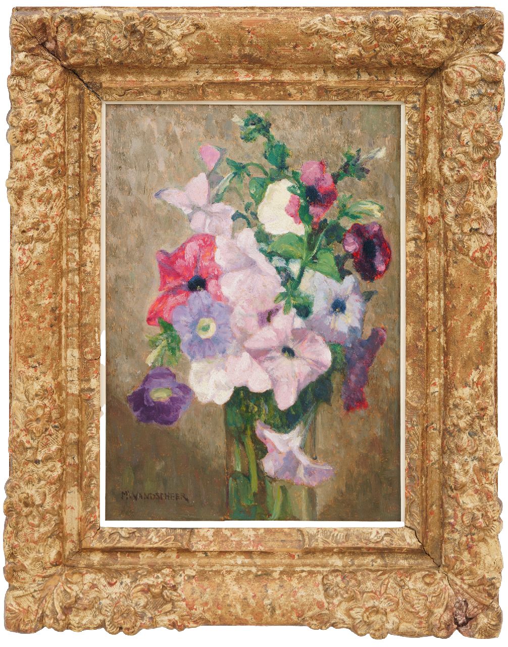 Wandscheer M.W.  | Maria Wilhelmina 'Marie' Wandscheer | Schilderijen te koop aangeboden | Bloemstilleven met petunia's, olieverf op paneel 32,2 x 23,6 cm, gesigneerd linksonder