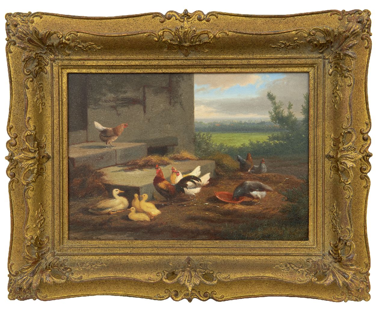 Leemputten J.L. van | Jean-Baptiste Leopold van Leemputten | Schilderijen te koop aangeboden | Kippen en eenden op een boerenerf, olieverf op paneel 24,0 x 36,2 cm, gesigneerd linksonder en gedateerd 1869