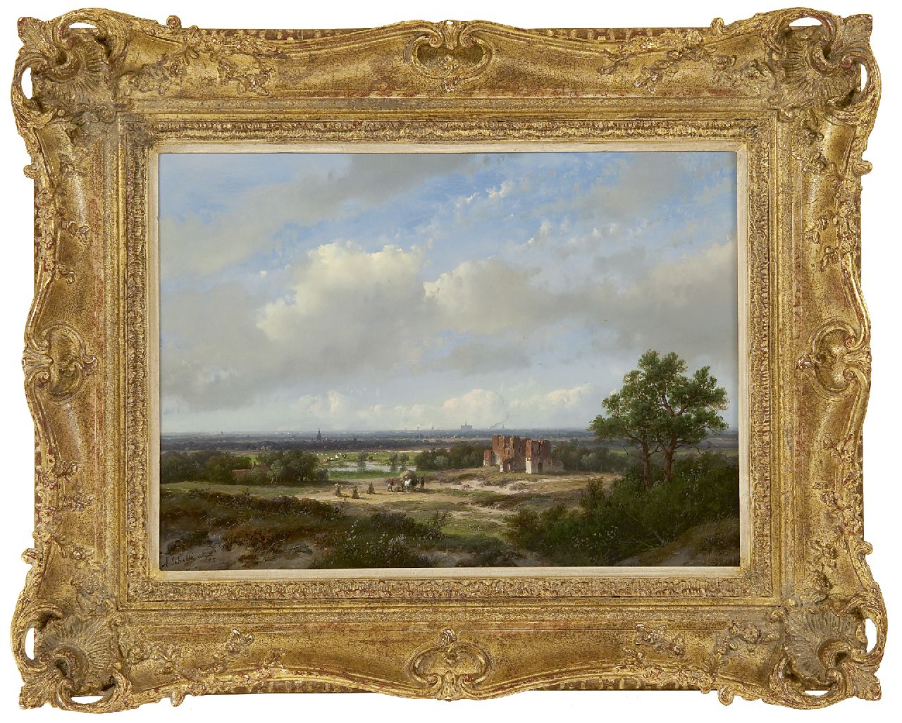 Schelfhout A.  | Andreas Schelfhout, Panoramisch landschap met het stadssilhouet van Haarlem en de ruïne van Brederode, olieverf op paneel 28,4 x 39,1 cm, gesigneerd linksonder en gedateerd '55