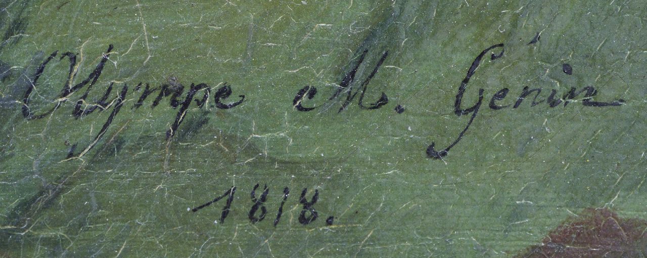 Olympe Mouette Génin signaturen Stilleven met perziken, kruik en vogeltje