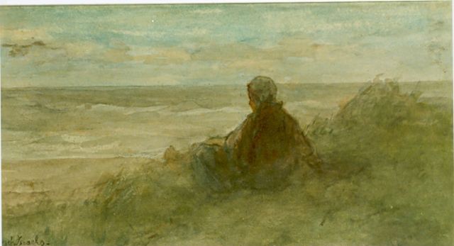 Israëls J.  | Meisje op duintop, uitkijkend over de zee, aquarel op papier 17,0 x 31,0 cm, gesigneerd l.o.