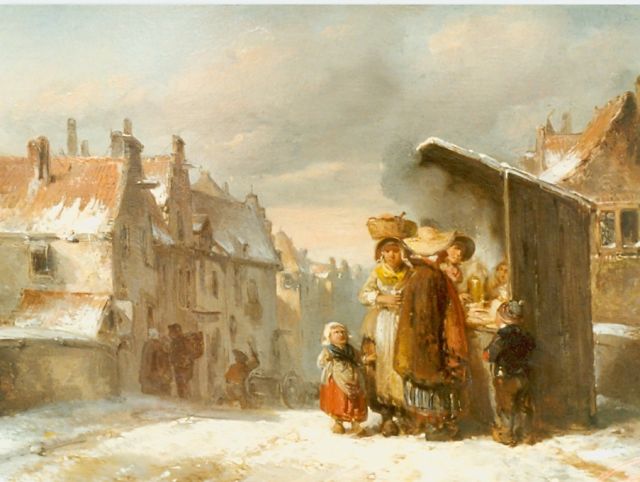 Herman ten Kate | Bij de eetkraam in winters straatje, olieverf op paneel, 19,5 x 26,3 cm, gesigneerd l.o.