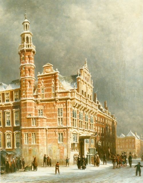 Vertin P.G.  | Stadshuis te Den Haag bij winter, olieverf op doek 62,5 x 50,5 cm, gesigneerd l.o. en gedateerd '80