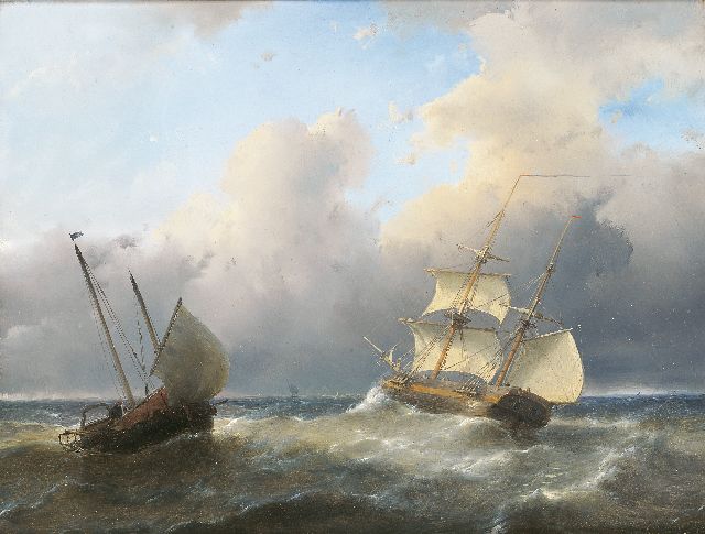 Schelfhout A.  | Brik en visserspink op woelige zee, olieverf op paneel 27,0 x 35,5 cm, gesigneerd r.o.