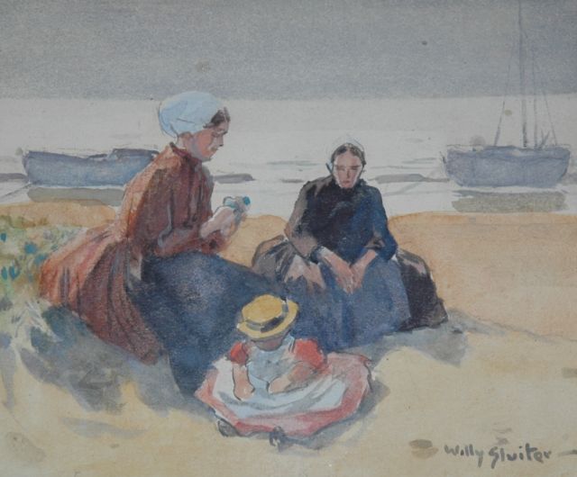 Sluiter J.W.  | Vissersvrouwen met kindje in de duinen, aquarel op papier 11,0 x 13,5 cm, gesigneerd r.o.